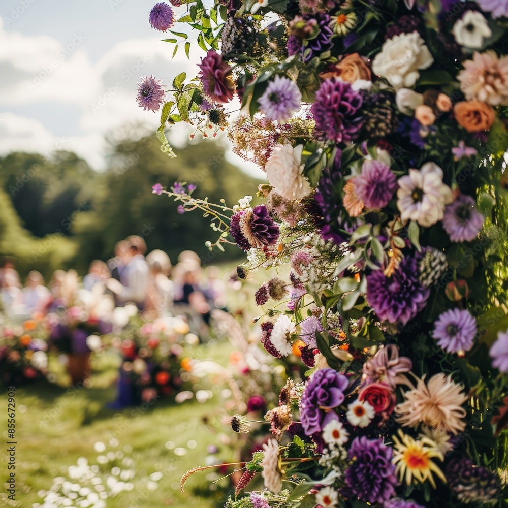 Obraz premium Elegant Outdoor Wedding Ceremony with Floral Arch and Guests