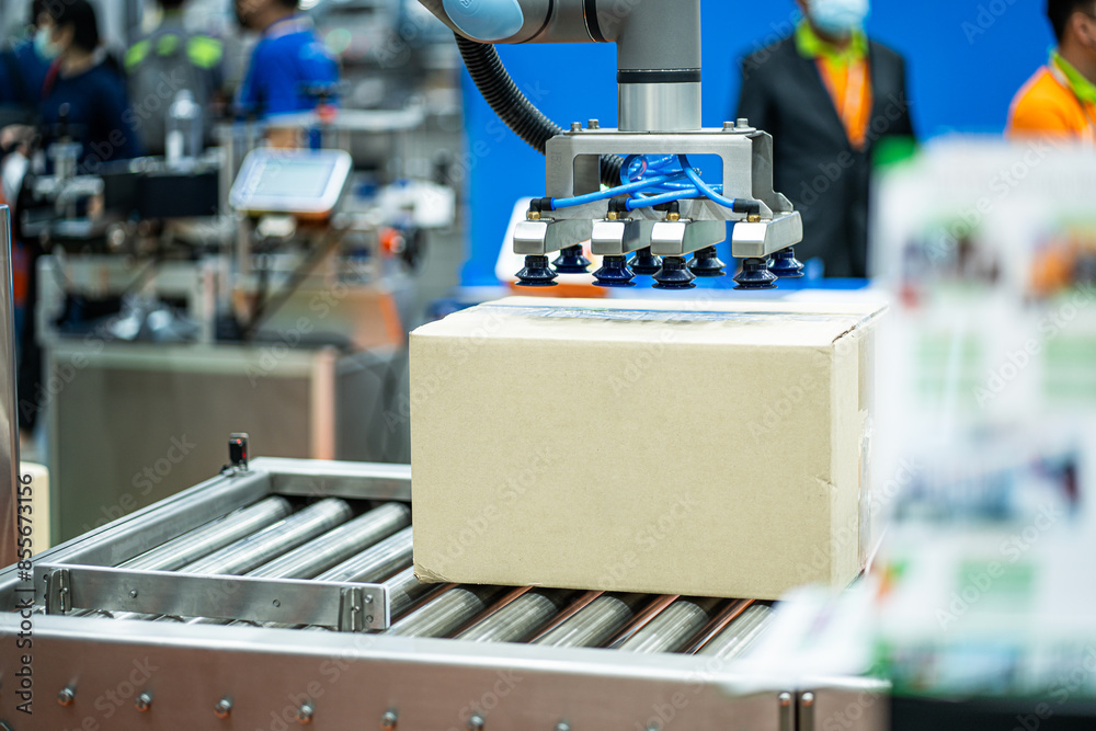 Smart robot arm system for innovative warehouse and factory digital technology . Automation manufacturing robot controlled by industry engineering using IOT Smart robot arm system for innovative warehouse and factory digital technology . Automation manufacturing robot controlled by industry engineering using IOT