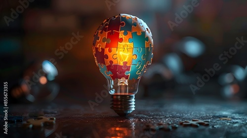 Assembling a Light Bulb Made of Puzzle Pieces   Symbolizing the Creative Process of Piecing Together an Idea photo