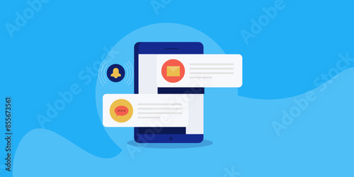 Email and chat message notification on mobile screen, vector illustration concept.