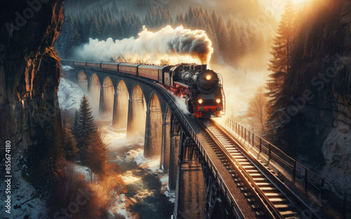 Steam train on the way through winter landscape photo