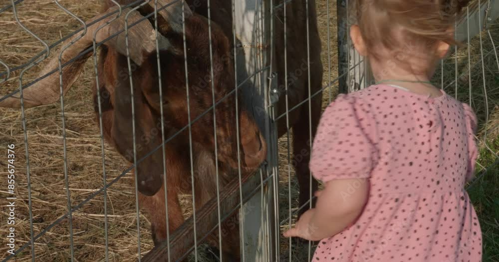 A girl strokes a goat's head and feeds it grass in a petting zoo. A child in a children's zoo feeds goats grass from his hand and caresses them. Love and care for animals.
