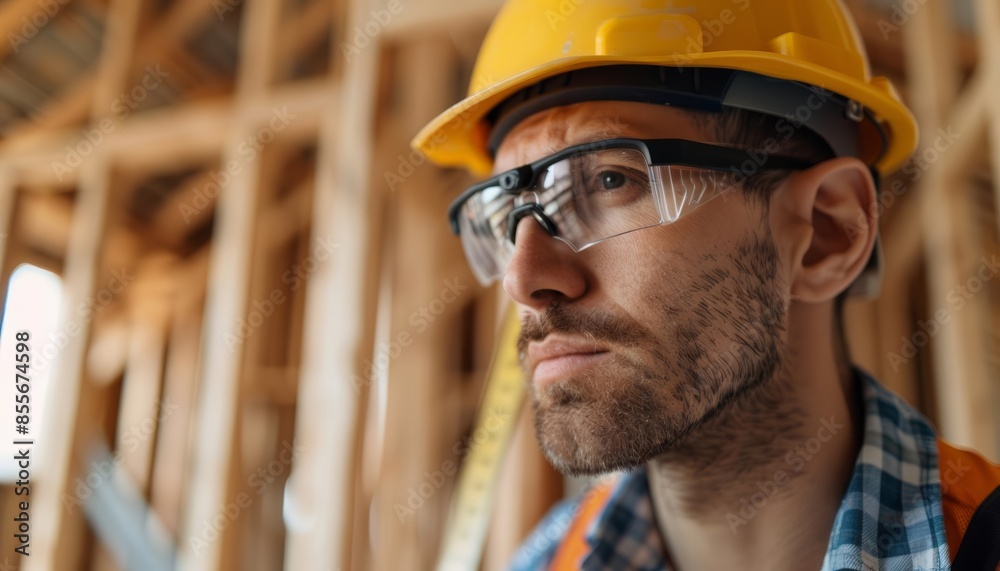 Builder measuring framework, focused expression, wooden skeleton of a house, early morning light, close-up Builder measuring framework, focused expression, wooden skeleton of a house, early morning light, close-up