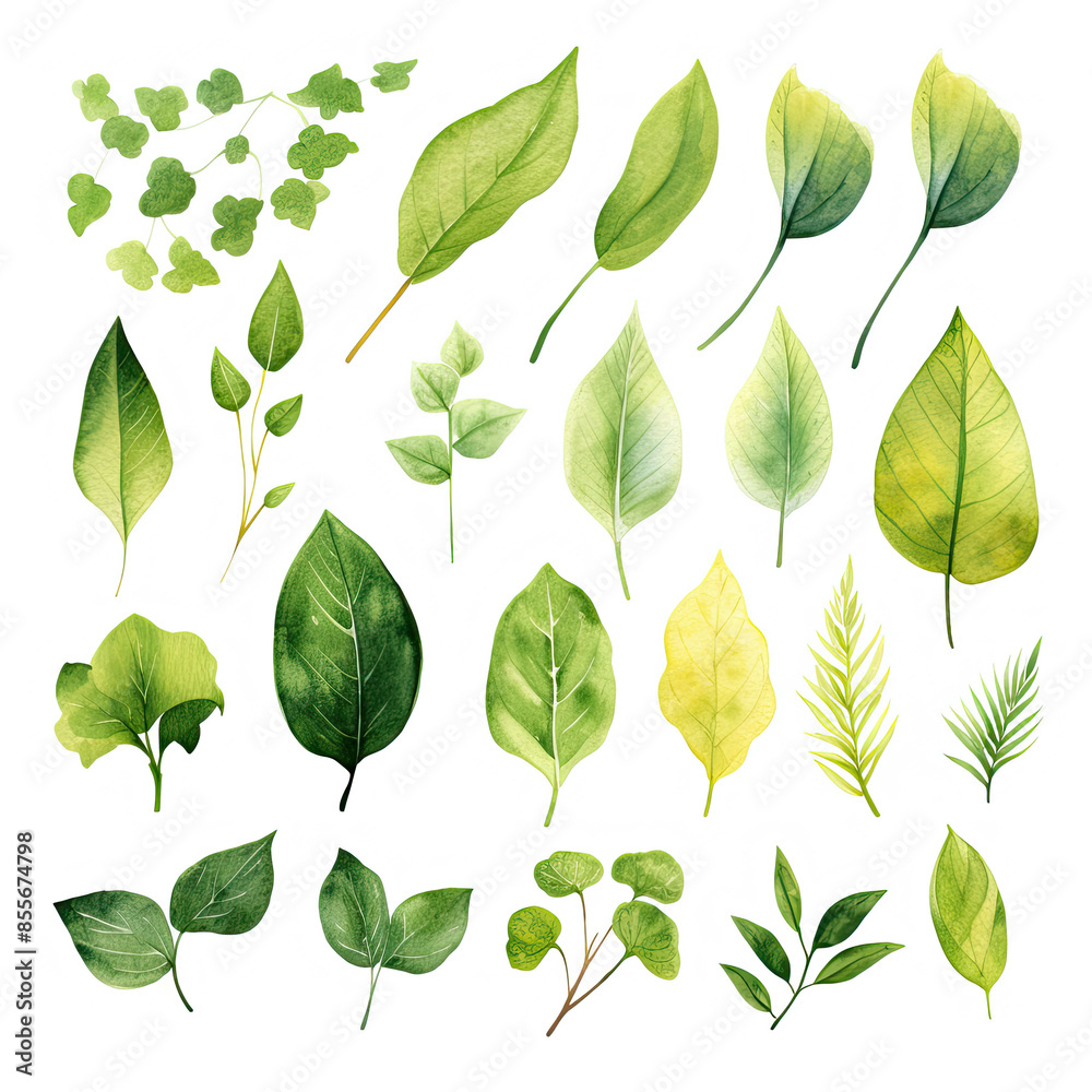Various green leaves and tropical leaves on a white background or leaf shapes and textures Various green leaves and tropical leaves on a white background or leaf shapes and textures