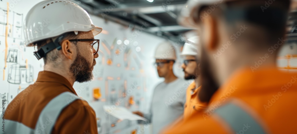 Busy construction office, builder discussing plans with team, whiteboards covered in sketches, bright lighting, medium shot Busy construction office, builder discussing plans with team, whiteboards covered in sketches, bright lighting, medium shot