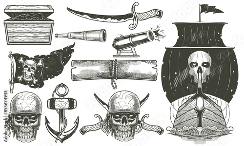 Pirates equipment set hand drawn doodle vintage drawing in black white style. Pirates equipment concept