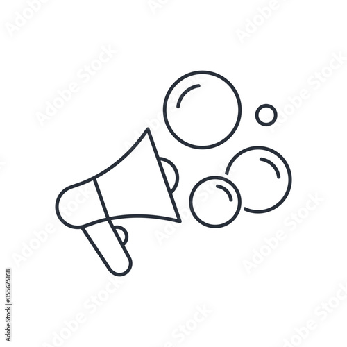 Soap balls flying from a megaphone. Empty promises. Lies. Vector linear icon isolated on white background.