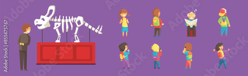 Kids at Paleontological Museum Visit Engaged in Excursion Vector Set