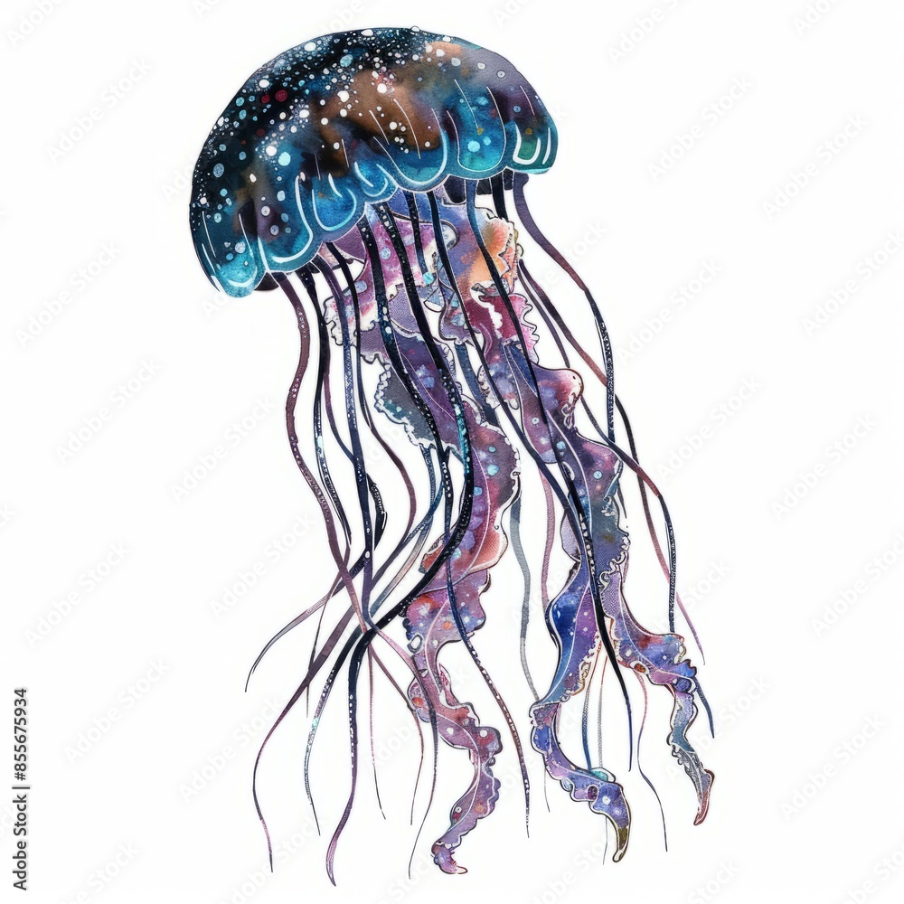 Watercolor painting of a glowing jellyfish, with bioluminescent tendrils shimmering in the dark waters, on isolated white background, Generative AI