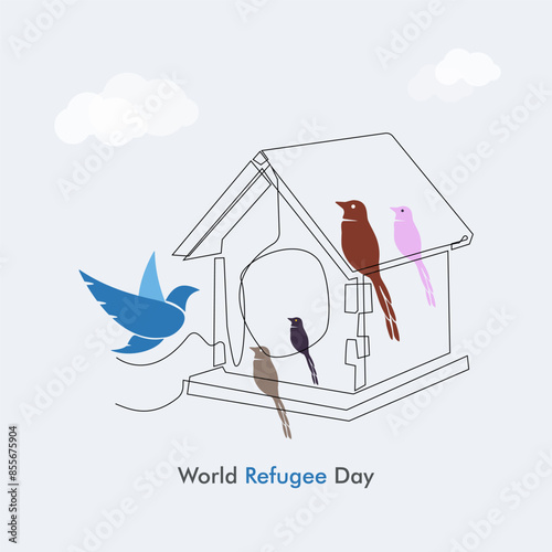 World Refugee Day vector, illustration. Birds and nest design concept. Birdhouse shelter.