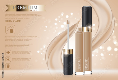 Hydrating facial concealer for annual sale or festival sale. black and gold concealer mask bottle isolated on glitter particles background. Graceful cosmetic ads, illustration.