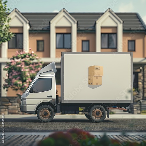  "Low-Angle Ultrarealistic View of a Delivery Truck Delivering Packages: Efficiency in Modern Logistics" © FU