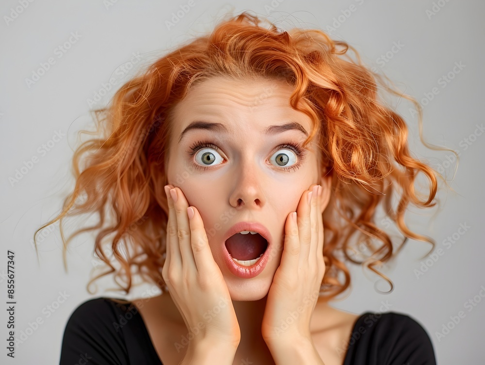 Surprised Young Woman with Hands on Cheeks Mouth Open in Astonishment