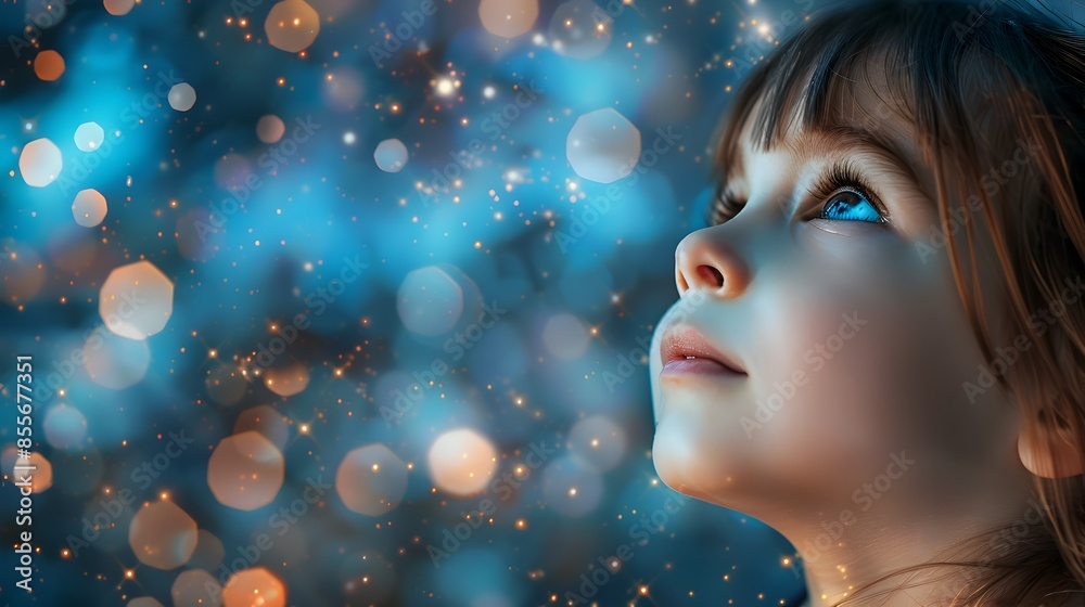 Awestruck Child Gazing at the Sparkling Night Sky Filled with Wonder and Curiosity Awestruck Child Gazing at the Sparkling Night Sky Filled with Wonder and Curiosity
