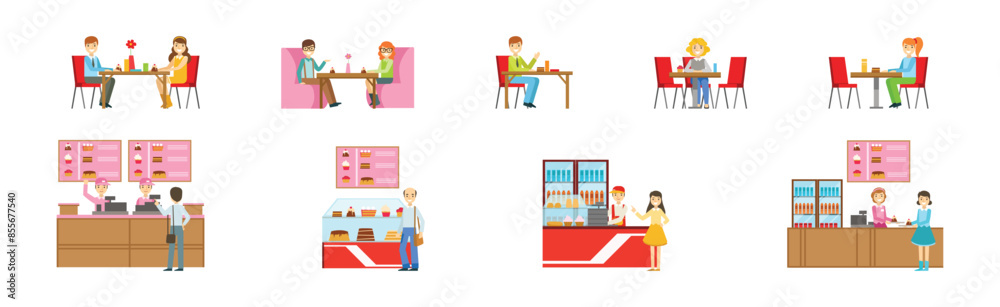 People Character Eating Food at Cafe Sitting at Table Vector Set People Character Eating Food at Cafe Sitting at Table Vector Set