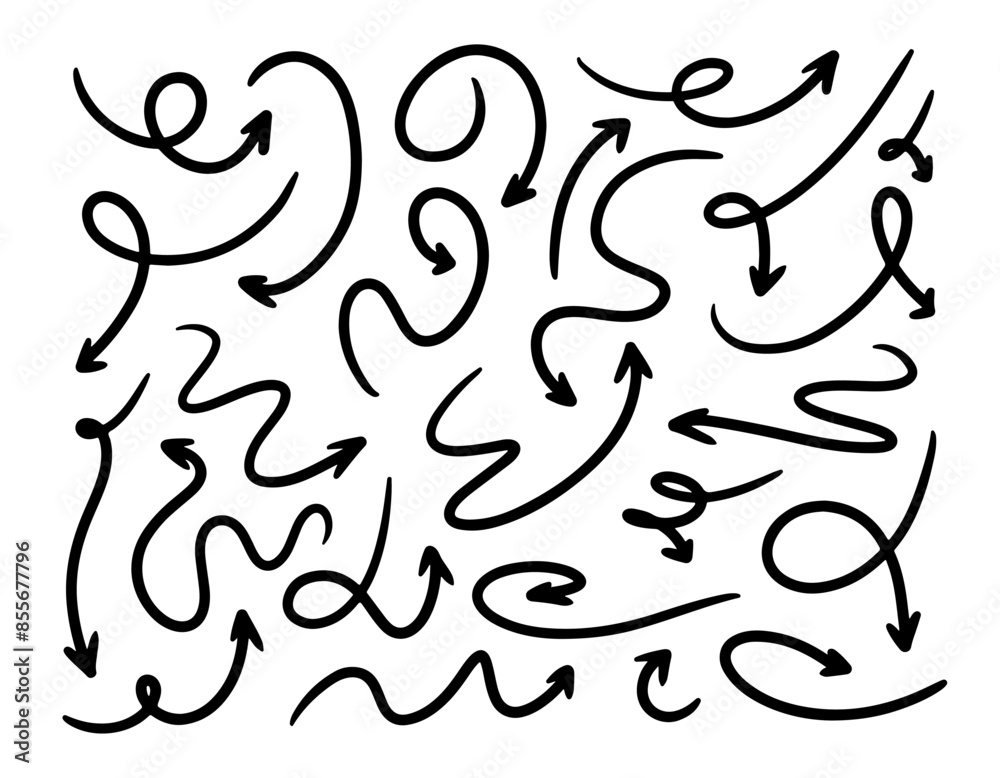 Hand drawn arrows vector set. Scribble lines, swirls arrows, scrawls. Doodle drawing. Direction pointers. Hand drawn arrows vector set. Scribble lines, swirls arrows, scrawls. Doodle drawing. Direction pointers.