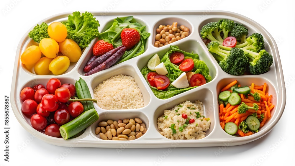 A Delicious And Healthy School Lunch With A Variety Of Fresh Vegetables, Fruits, And Grains. A Delicious And Healthy School Lunch With A Variety Of Fresh Vegetables, Fruits, And Grains.