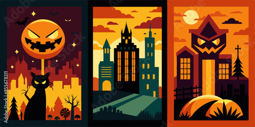 Three halloween posters with a pumpkin, cat, and castle