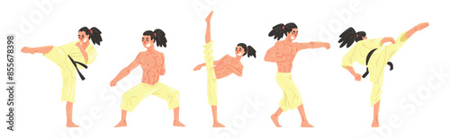 Young Man Doing Karate Wearing Kimono and Black Belt Engaged in Martial Art Vector Set