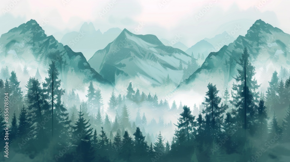 Obraz premium Mountains landscape with fog and forest. Background illustration generated by ai