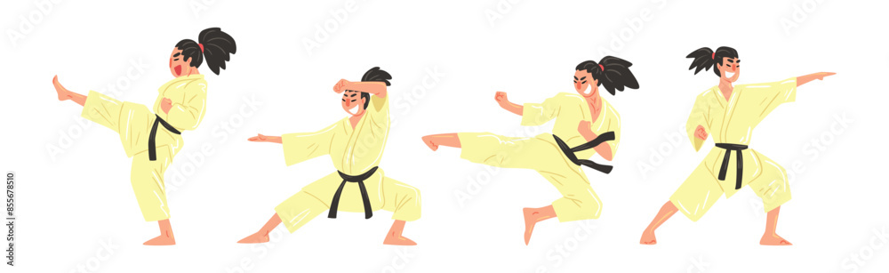 Fototapeta premium Young Man Doing Karate Wearing Kimono and Black Belt Engaged in Martial Art Vector Set
