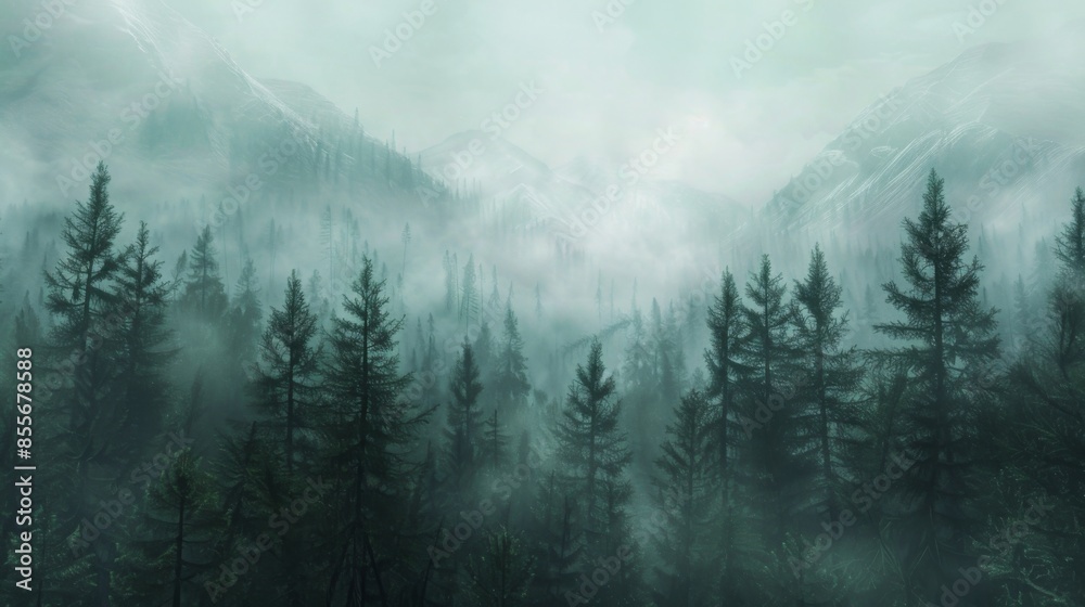 Mountains landscape with fog and forest. Background illustration generated by ai