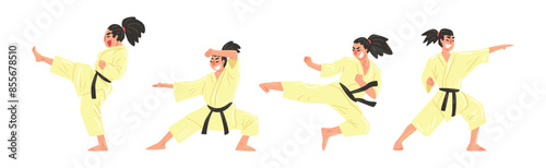 Young Man Doing Karate Wearing Kimono and Black Belt Engaged in Martial Art Vector Set