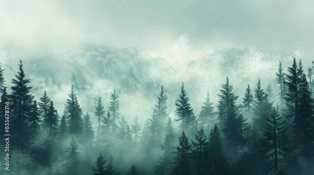 Mountains landscape with fog and forest. Background illustration generated by ai Mountains landscape with fog and forest. Background illustration generated by ai