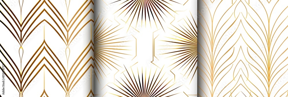 Set of three seamless patterns in white, black and gold with minimalist line art designs of geometric shapes and lines
Set of three seamless patterns in white, black and gold with minimalist line art designs of geometric shapes and lines