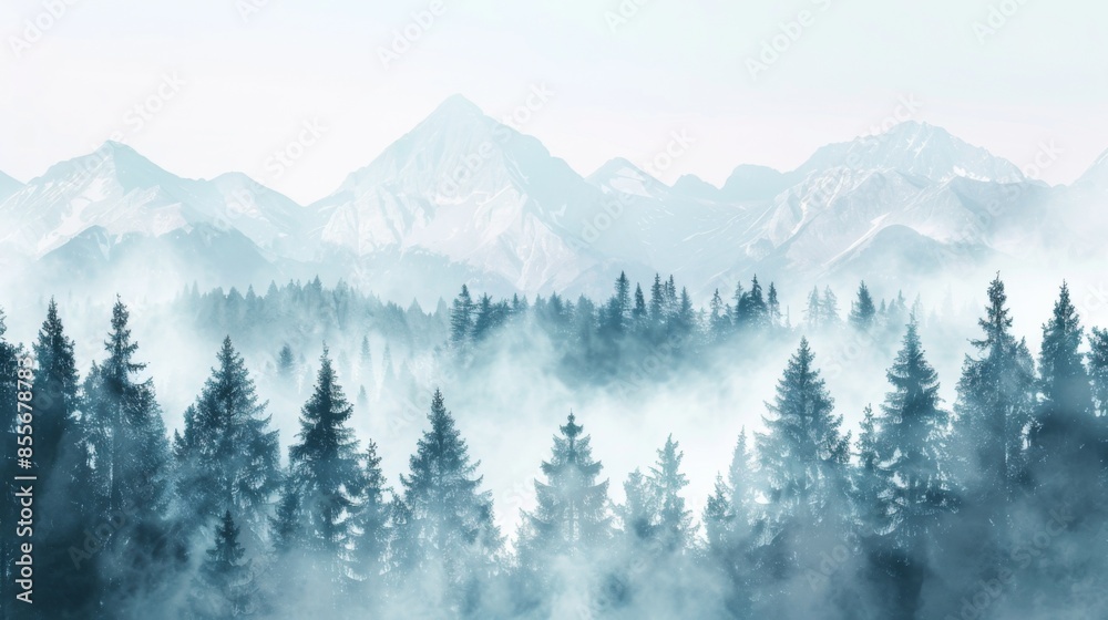 Obraz premium Mountains landscape with fog and forest. Background illustration generated by ai