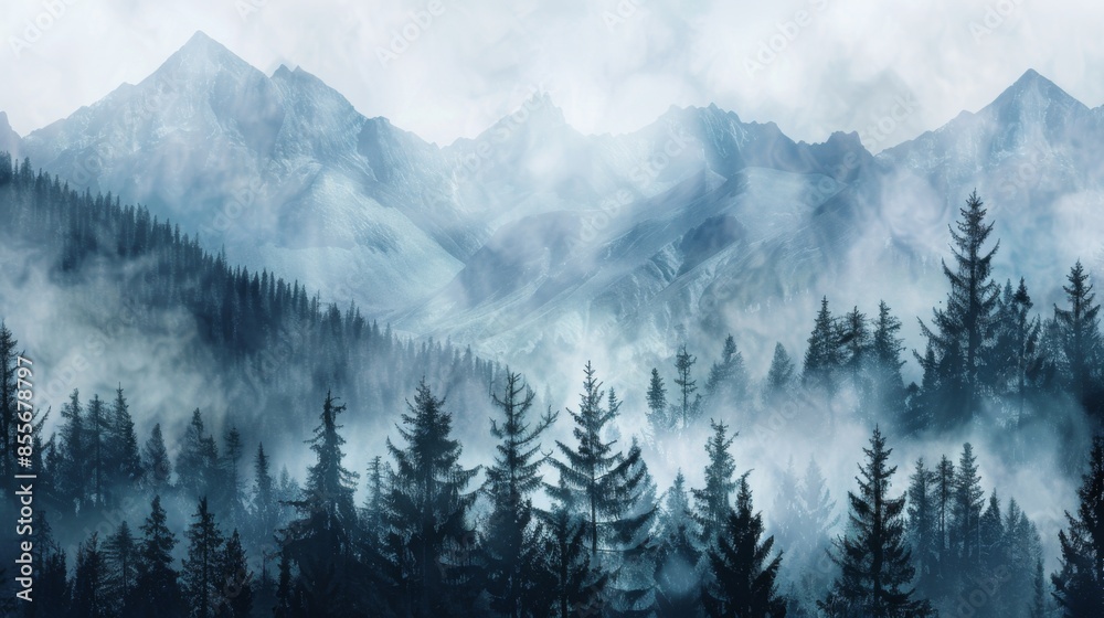 Obraz premium Mountains landscape with fog and forest. Background illustration generated by ai