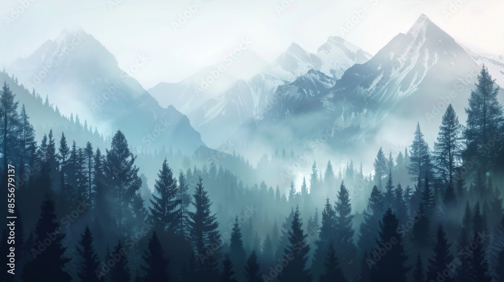 Mountains landscape with fog and forest. Background illustration generated by ai Mountains landscape with fog and forest. Background illustration generated by ai