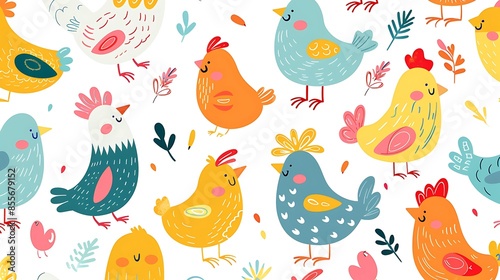 Playful seamless pattern of happy chickens, geese, and birds with big smiles, illustrated in a fun and colorful clip art style, ideal for children's products © Surachet