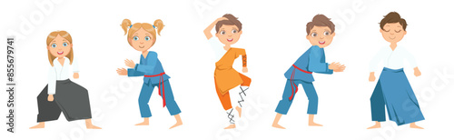 Boy and Girl Character Do Taekwondo or Judo Workout Vector Set