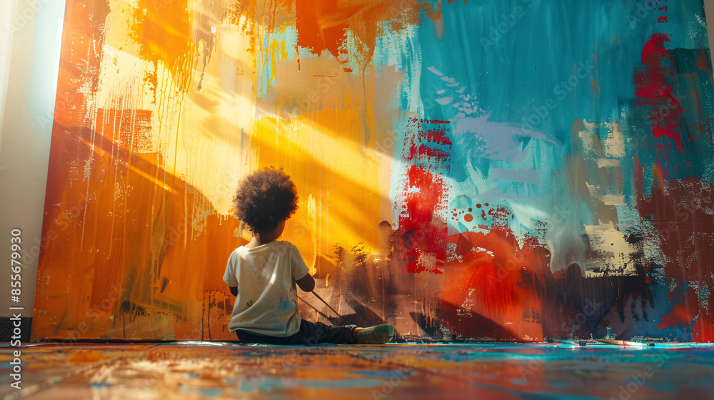 A child painting, expressing emotions through colors and shapes in a serene setting A child painting, expressing emotions through colors and shapes in a serene setting