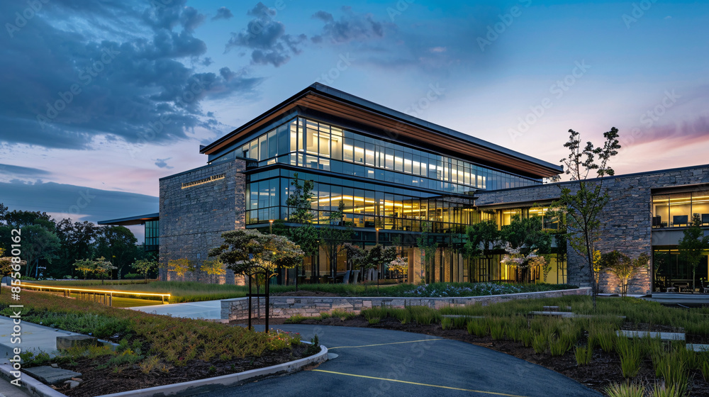 An office building that merges with the landscape, using local stone, green roofs, and natural light An office building that merges with the landscape, using local stone, green roofs, and natural light