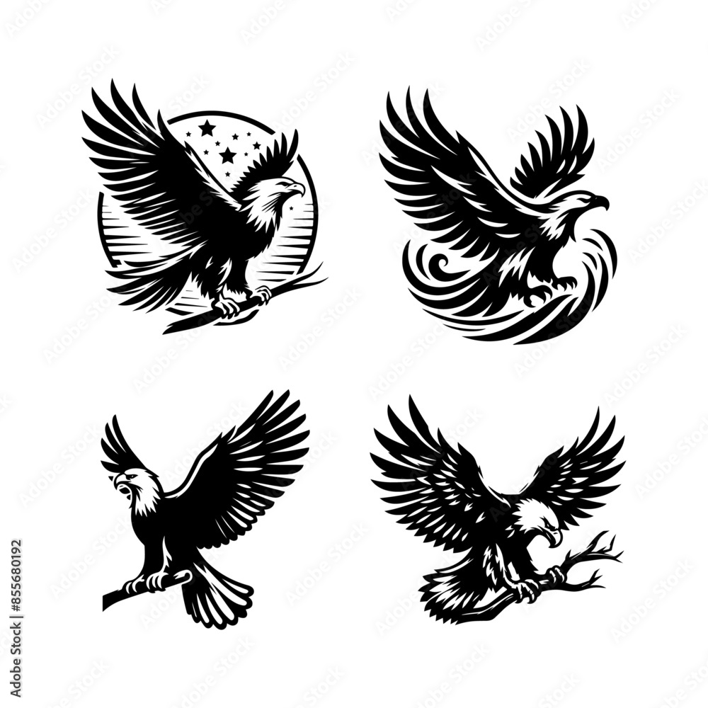 Fototapeta premium Eagle Vector Illustration Set, Black and White Silhouettes. Perfect for Logos, Designs