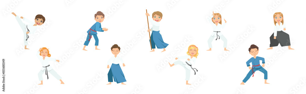 Boy and Girl Character Do Taekwondo or Judo Workout Vector Set Boy and Girl Character Do Taekwondo or Judo Workout Vector Set