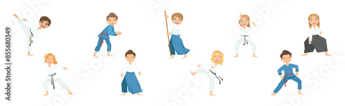 Boy and Girl Character Do Taekwondo or Judo Workout Vector Set