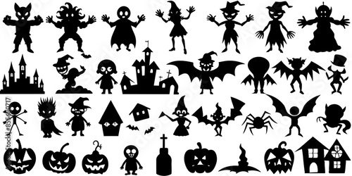 Silhouettes of halloween characters on white background