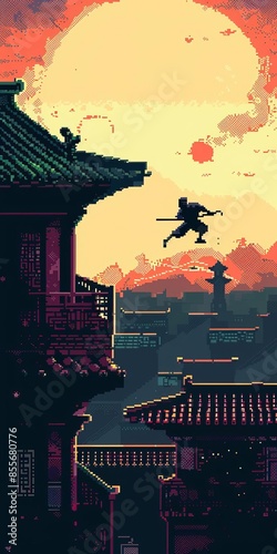 8bit ninja, rooftop chase, pixel art style, vibrant colors, sidescrolling perspective, detailed pixels, action pose, nostalgic stealth vibe photo