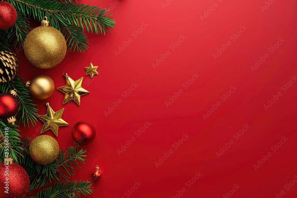 Red background with Christmas decorations, a gold and red color scheme, Christmas tree branches with copy space for text. christmas web banner, christmas greeting card, 