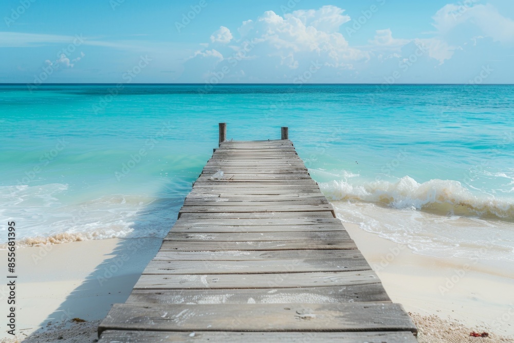 Wooden pier leading to the ocean with a white sand beach and turquoise water Wooden pier leading to the ocean with a white sand beach and turquoise water