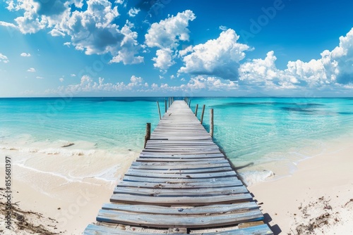 Fototapeta Naklejka Na Ścianę i Meble -  Wooden pier leading to the ocean with a white sand beach and turquoise water