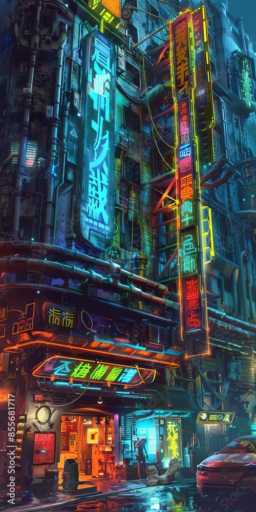 Fototapeta premium Cyberpunk hotel, neon lights, vibrant signs, glowing windows, vivid colors, futuristic setting, detailed scene, bustling atmosphere, neon glow