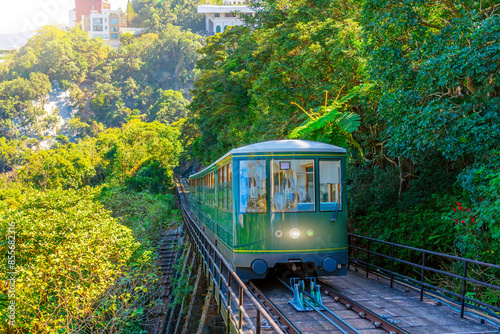 Canvas Print The famous green tram on the slope of Victoria Peak in Hong Kong passes, lifting