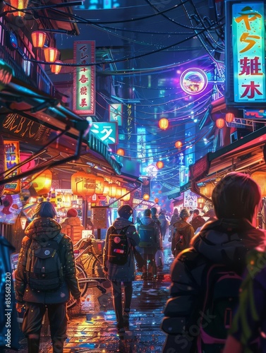 Neon marketplace, anime style, vibrant stalls, glowing lights, bustling scene, colorful signs, detailed characters, lively atmosphere, night setting