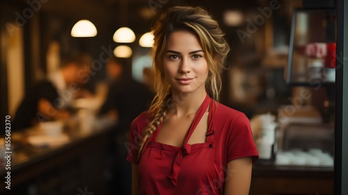 Joyful Woman Shop Owner in Red Apron at Her Storefront – Welcoming Clients Happily
