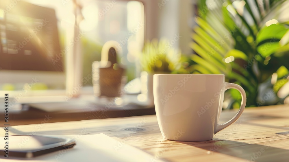 Fresh coffee cup on office desk emphasizing morning concept Fresh coffee cup on office desk emphasizing morning concept