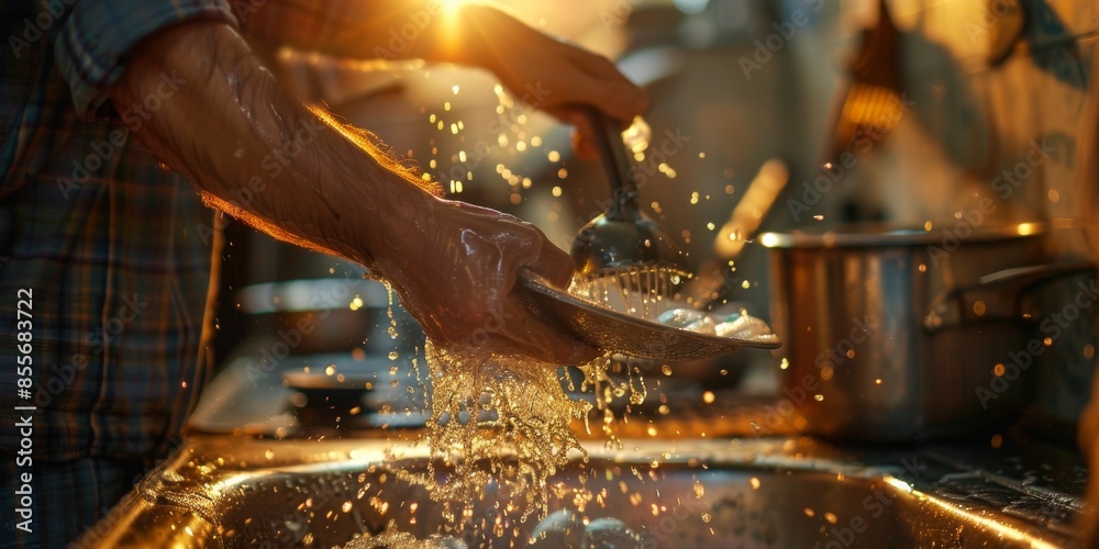 Naklejka premium A man washes dishes in a sink with water splashing all over him